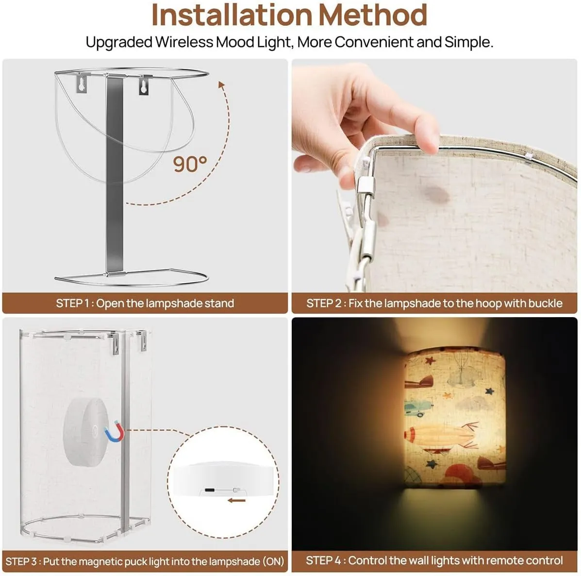 Rechargeable Sconces Set of Two Cute kids watercolor pattern for a boy aerostat dirigible airplanes Adjustable Brightness Fabric Wall Lamps Wireless Lights Fixtures for Bedroom Living Room Hallway