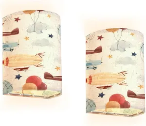 Rechargeable Sconces Set of Two Cute kids watercolor pattern for a boy aerostat dirigible airplanes Adjustable Brightness Fabric Wall Lamps Wireless Lights Fixtures for Bedroom Living Room Hallway