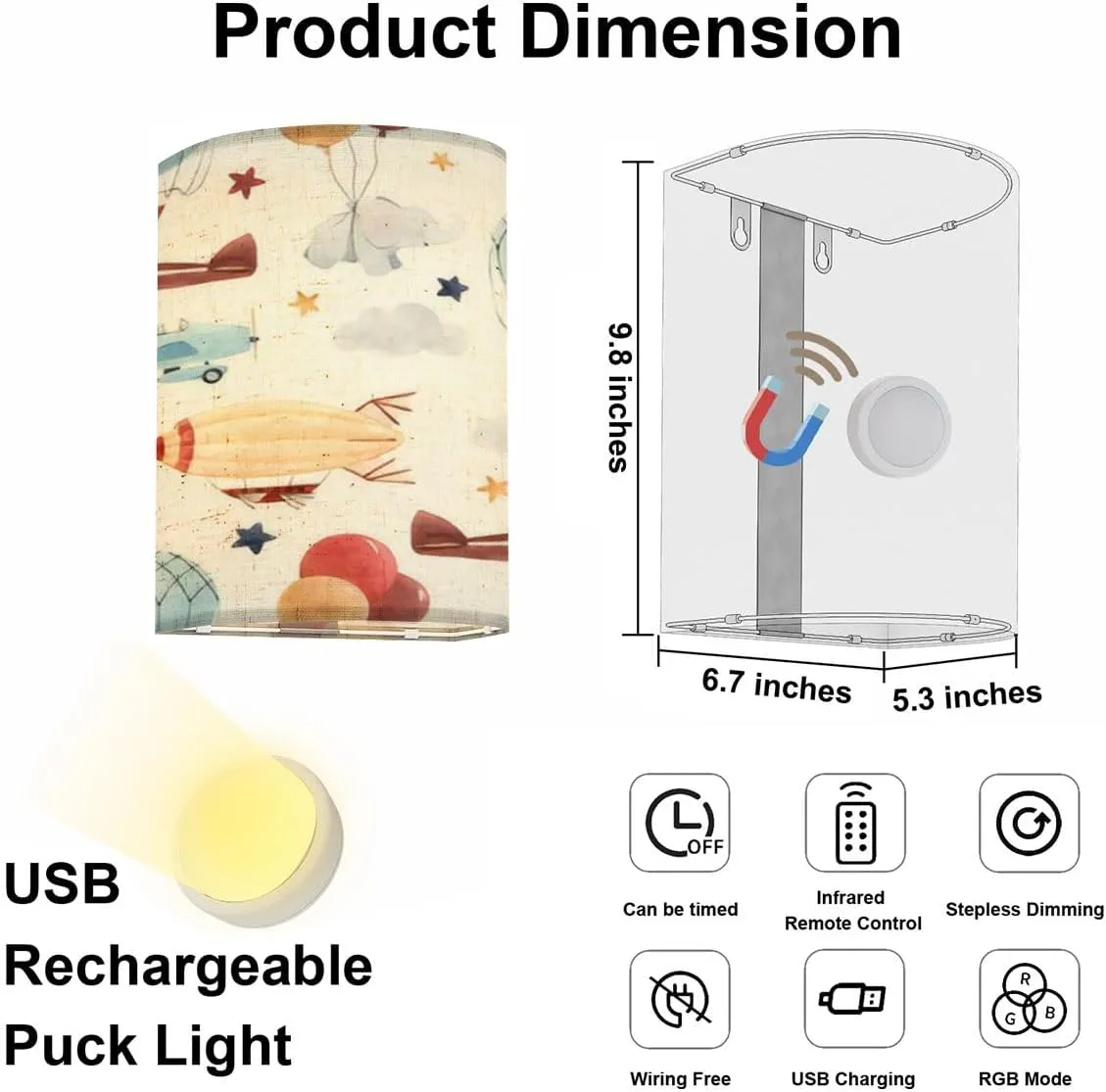 Rechargeable Sconces Set of Two Cute kids watercolor pattern for a boy aerostat dirigible airplanes Adjustable Brightness Fabric Wall Lamps Wireless Lights Fixtures for Bedroom Living Room Hallway