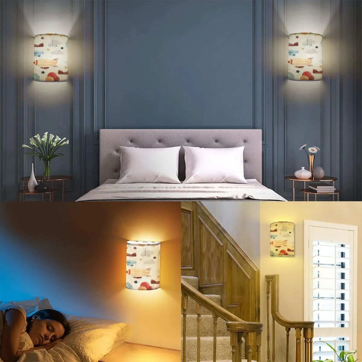 Rechargeable Sconces Set of Two Cute kids watercolor pattern for a boy aerostat dirigible airplanes Adjustable Brightness Fabric Wall Lamps Wireless Lights Fixtures for Bedroom Living Room Hallway