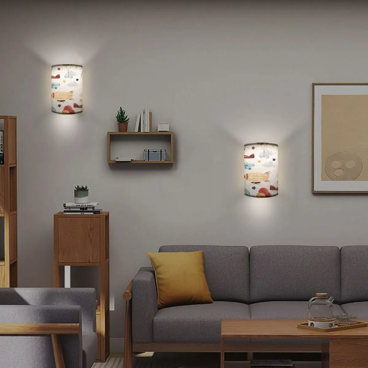 Rechargeable Sconces Set of Two Cute kids watercolor pattern for a boy aerostat dirigible airplanes Adjustable Brightness Fabric Wall Lamps Wireless Lights Fixtures for Bedroom Living Room Hallway