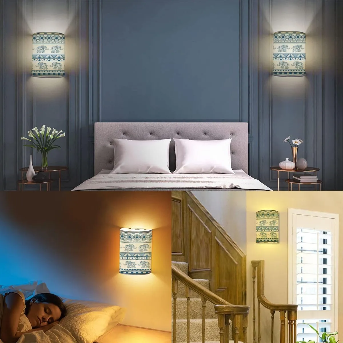 Rechargeable Sconces Set of Two Geometric Patterns a Elephants Ethnic Style Adjustable Brightness Fabric Wall Lamps Wireless Lights Fixtures for Bedroom Living Room Hallway