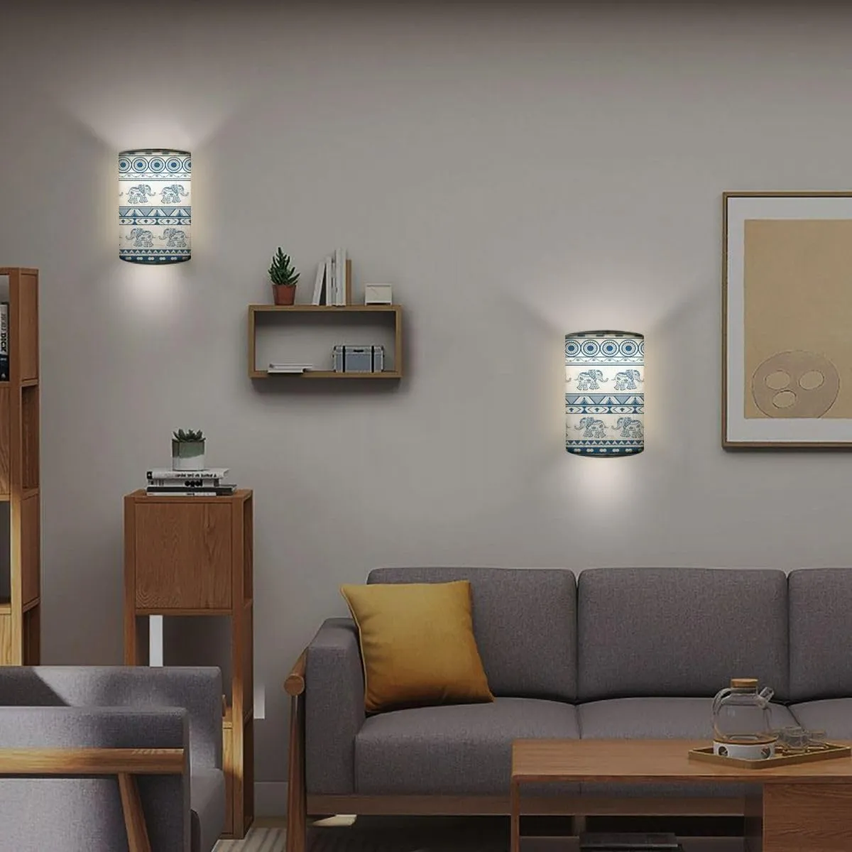 Rechargeable Sconces Set of Two Geometric Patterns a Elephants Ethnic Style Adjustable Brightness Fabric Wall Lamps Wireless Lights Fixtures for Bedroom Living Room Hallway