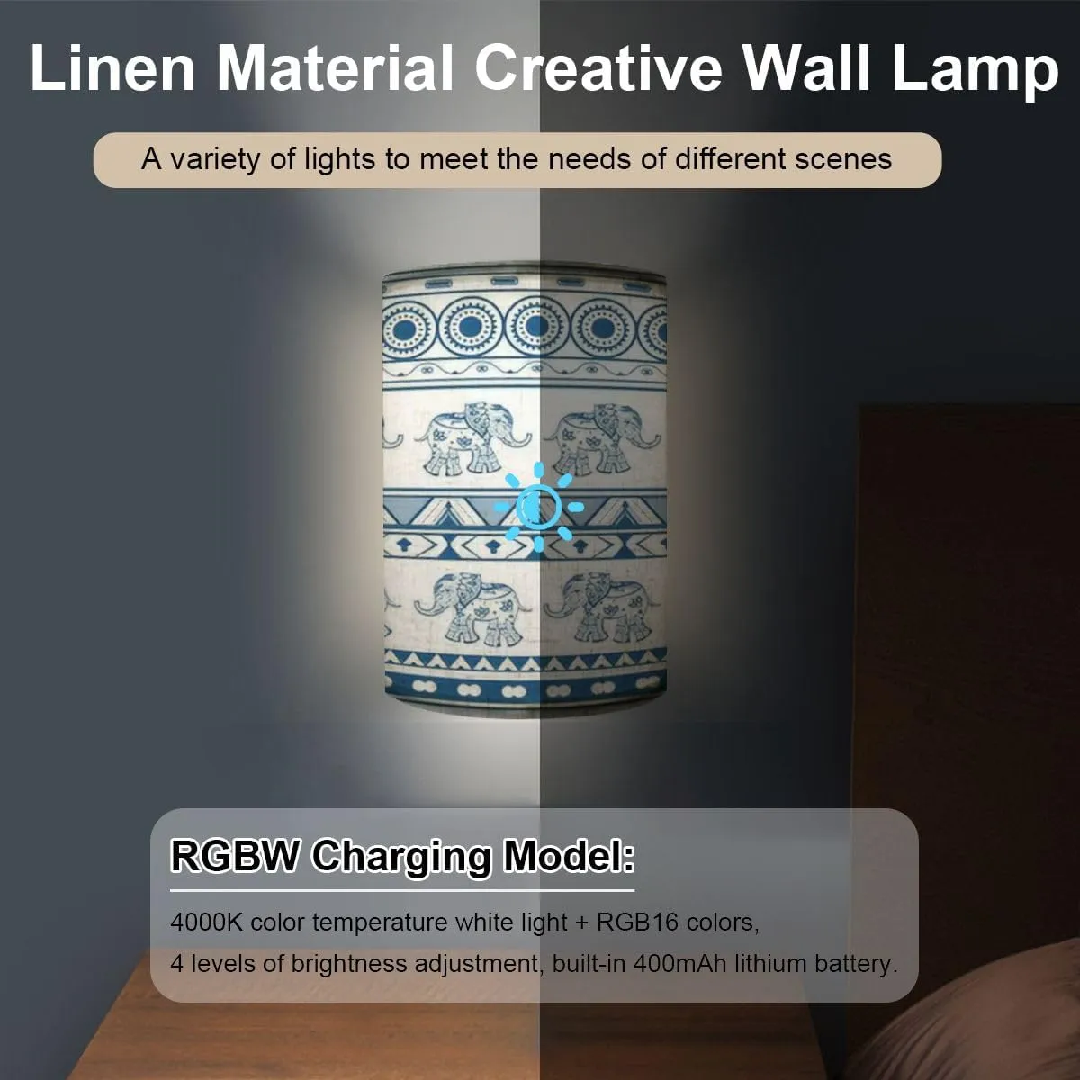 Rechargeable Sconces Set of Two Geometric Patterns a Elephants Ethnic Style Adjustable Brightness Fabric Wall Lamps Wireless Lights Fixtures for Bedroom Living Room Hallway