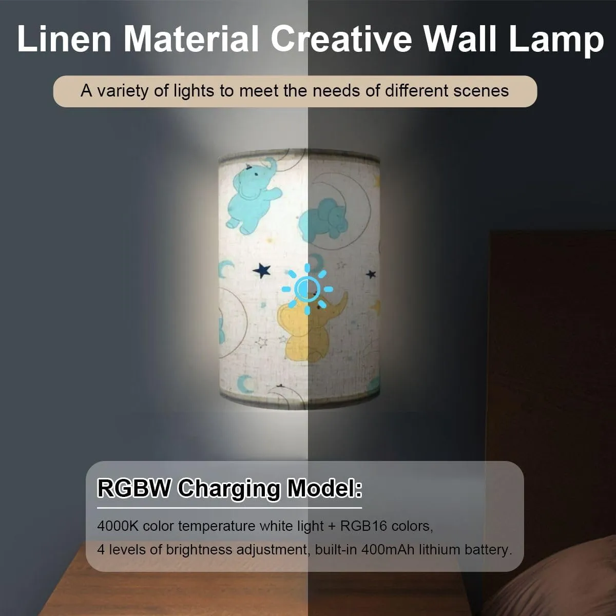 Rechargeable Sconces Set of Two Hand Drawing Sweet Elephant Pattern Adjustable Brightness Fabric Wall Lamps Wireless Lights Fixtures for Bedroom Living Room Hallway