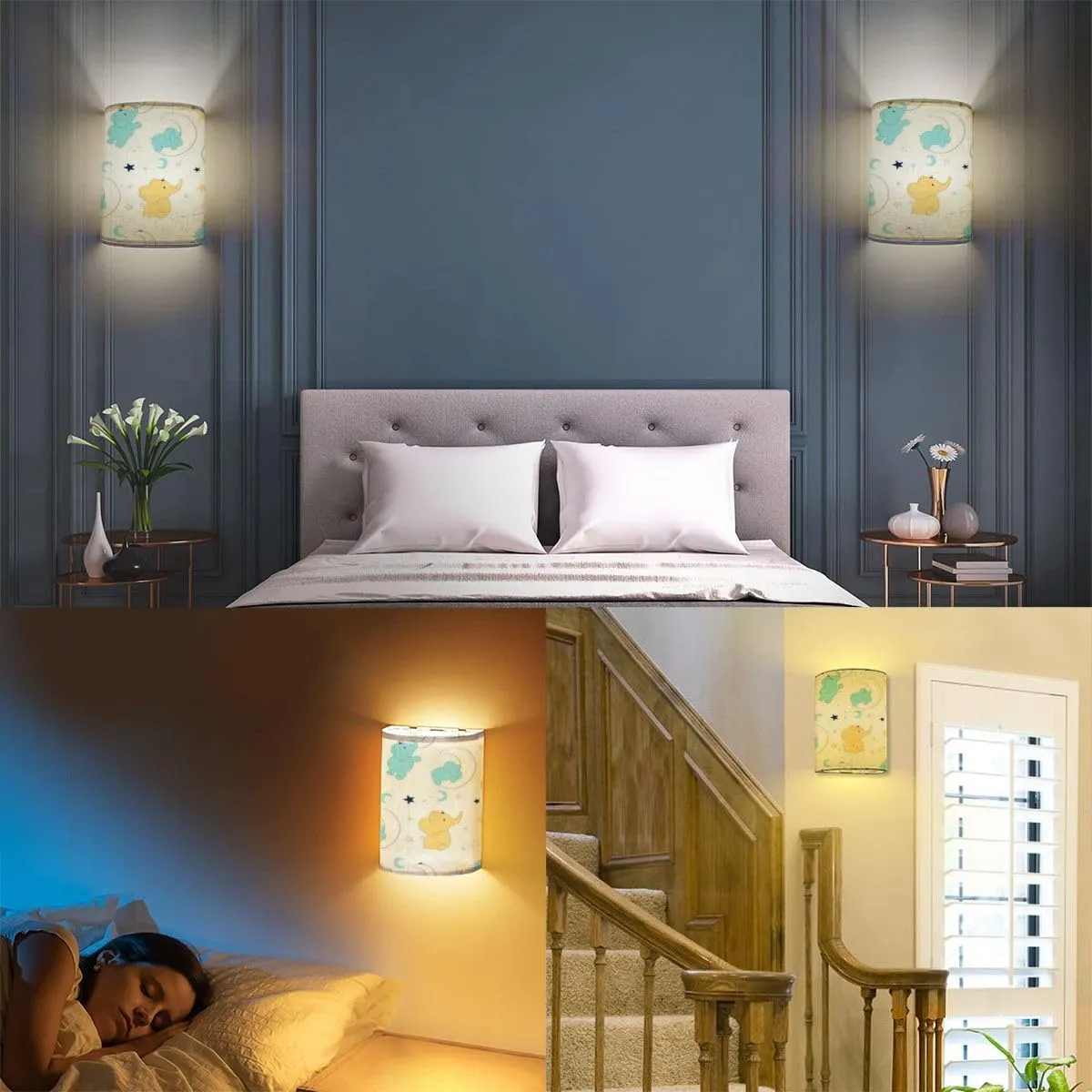 Rechargeable Sconces Set of Two Hand Drawing Sweet Elephant Pattern Adjustable Brightness Fabric Wall Lamps Wireless Lights Fixtures for Bedroom Living Room Hallway