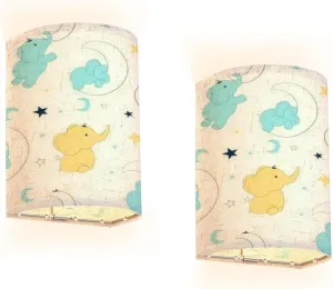Rechargeable Sconces Set of Two Hand Drawing Sweet Elephant Pattern Adjustable Brightness Fabric Wall Lamps Wireless Lights Fixtures for Bedroom Living Room Hallway