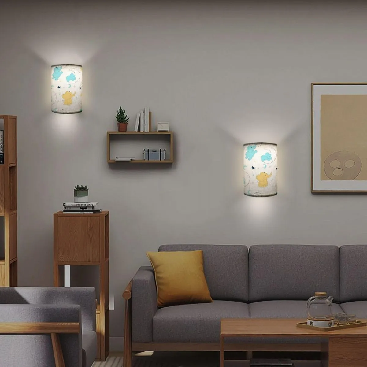 Rechargeable Sconces Set of Two Hand Drawing Sweet Elephant Pattern Adjustable Brightness Fabric Wall Lamps Wireless Lights Fixtures for Bedroom Living Room Hallway
