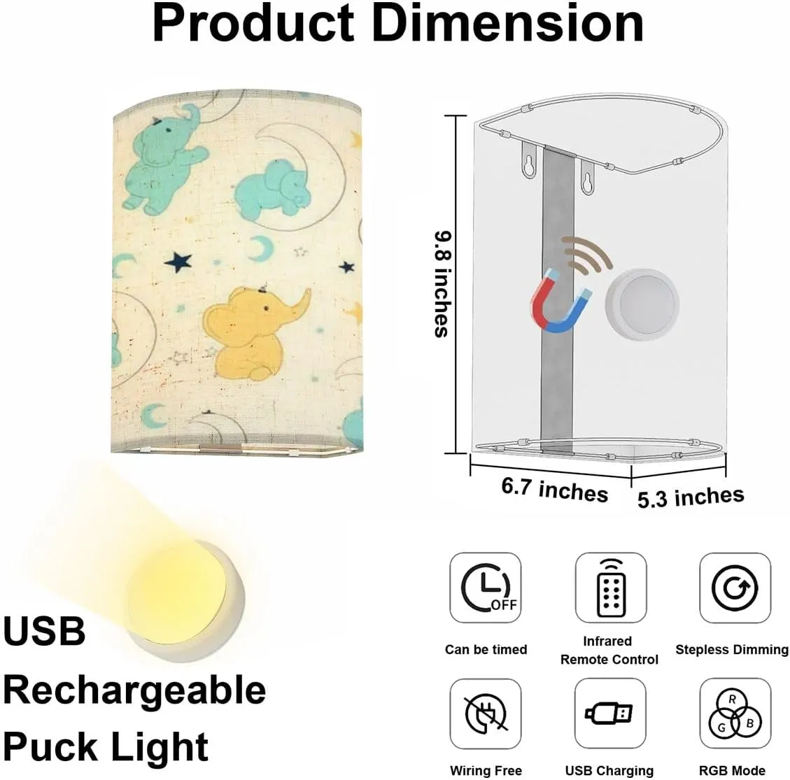 Rechargeable Sconces Set of Two Hand Drawing Sweet Elephant Pattern Adjustable Brightness Fabric Wall Lamps Wireless Lights Fixtures for Bedroom Living Room Hallway