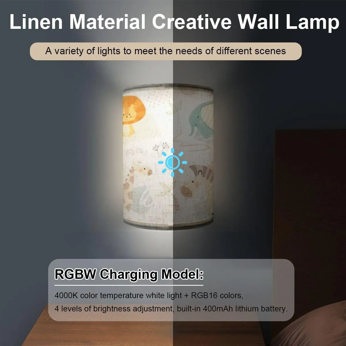 Rechargeable Sconces Set of Two Lion giraffe zebra elephant baby cute seamless pattern Sweet zoo Adjustable Brightness Fabric Wall Lamps Wireless Lights Fixtures for Bedroom Living Room Hallway