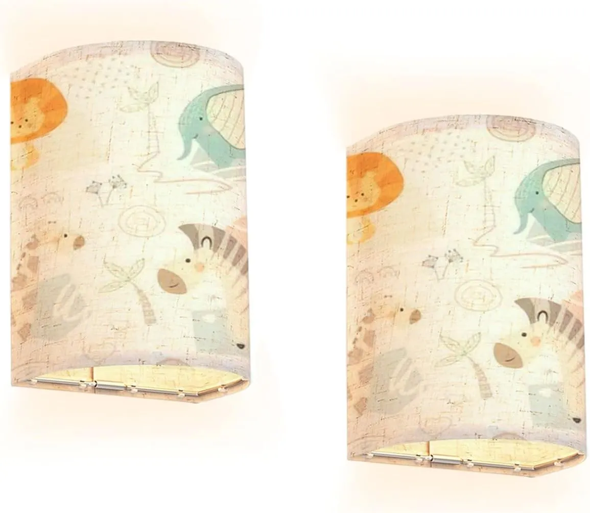 Rechargeable Sconces Set of Two Lion giraffe zebra elephant baby cute seamless pattern Sweet zoo Adjustable Brightness Fabric Wall Lamps Wireless Lights Fixtures for Bedroom Living Room Hallway