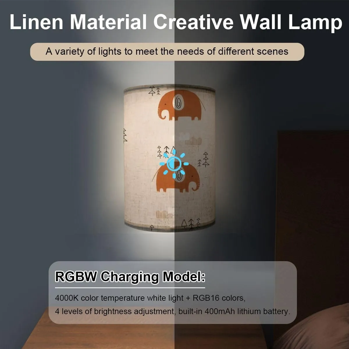 Rechargeable Sconces Set of Two Seamless pattern Scandinavian style cute hand drawn Elephant Adjustable Brightness Fabric Wall Lamps Wireless Lights Fixtures for Bedroom Living Room Hallway