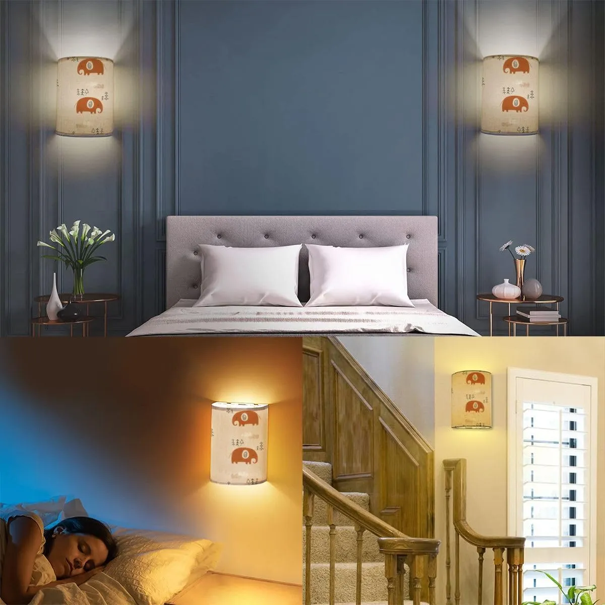 Rechargeable Sconces Set of Two Seamless pattern Scandinavian style cute hand drawn Elephant Adjustable Brightness Fabric Wall Lamps Wireless Lights Fixtures for Bedroom Living Room Hallway
