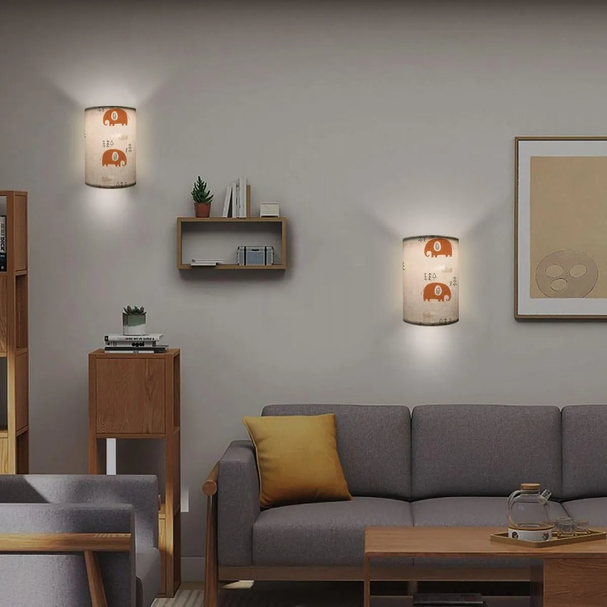Rechargeable Sconces Set of Two Seamless pattern Scandinavian style cute hand drawn Elephant Adjustable Brightness Fabric Wall Lamps Wireless Lights Fixtures for Bedroom Living Room Hallway