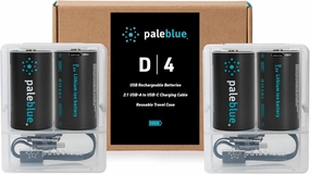 Rechargeable D Batteries with USB Charger by Pale Blue, Lithium Ion 1.5v 5000 mAh, Charges Under 6.9 Hours, Over 1000 Cycles, 2-in-1 USB to USB-C Charging Cable, LED Charge Indicator, 4-Pack