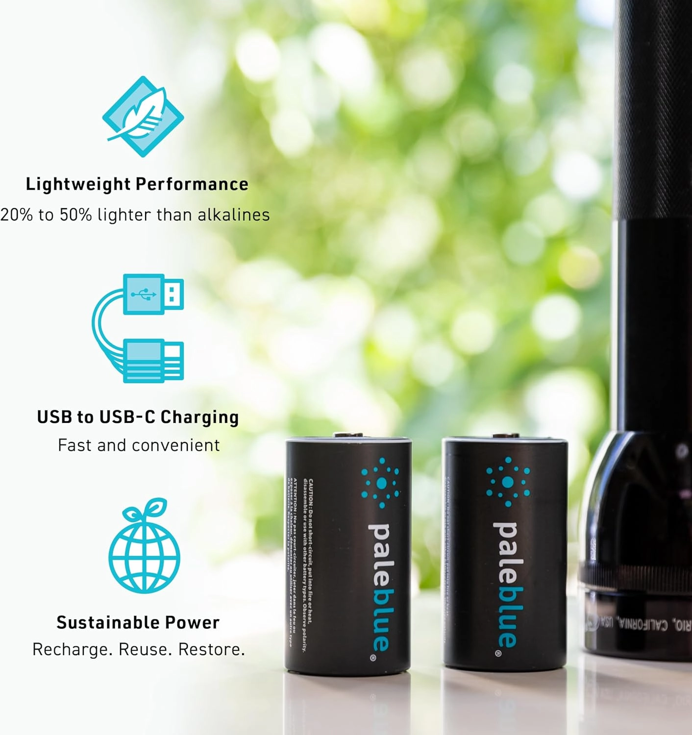 Rechargeable D Batteries with USB Charger by Pale Blue, Lithium Ion 1.5v 5000 mAh, Charges Under 6.9 Hours, Over 1000 Cycles, 2-in-1 USB to USB-C Charging Cable, LED Charge Indicator, 4-Pack