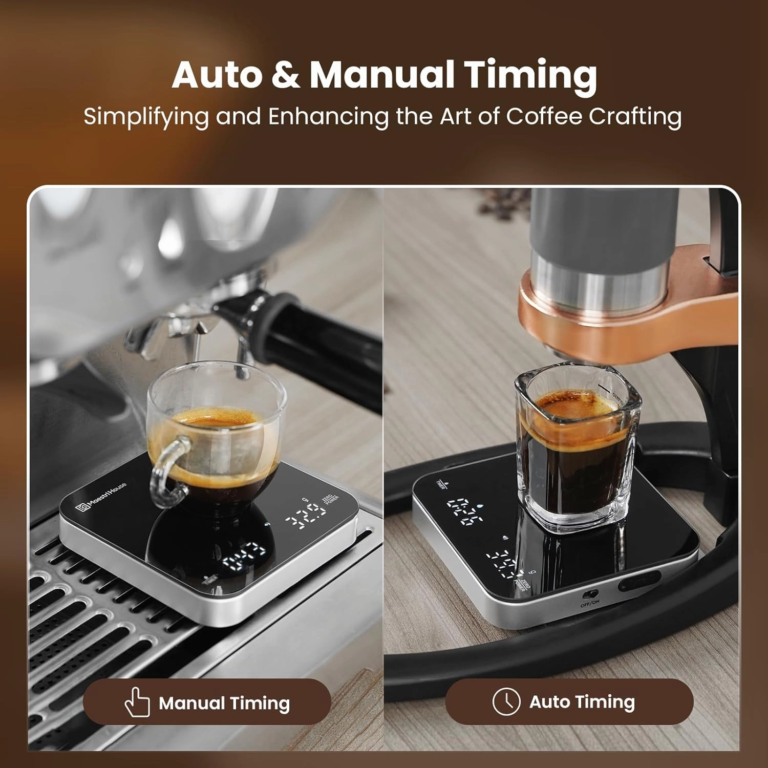 Rechargeable Mini Coffee Scale with Timer, Maestri House Espresso Scale, 2kg/0.1g Accurate Scale for Espresso and Pour-Over Coffee, Portable Digital Kitchen Scale with Automatic Timing（Black&Silver）