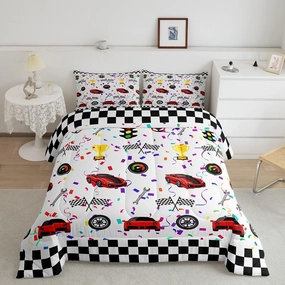Red Racing Car Kids Comforter Set Queen Size,Boys Girls Adults Bedroom Decor,Car Flags Checkered Geometric Down Comforter,Wheel Vehicle Games Bedding Set,Fashion Colorful Duvet Insert,2 Pillowcases