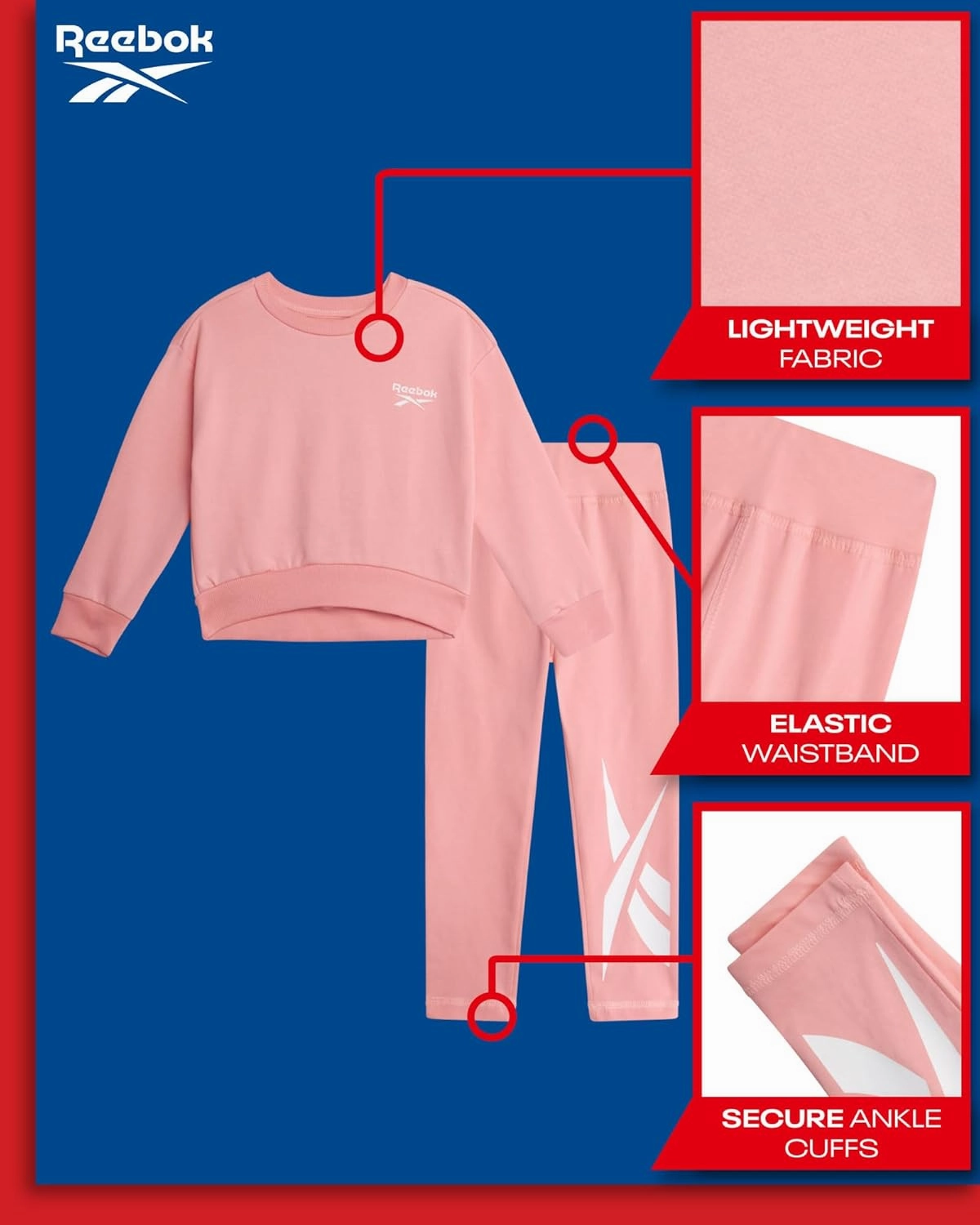 Reebok Baby Girls Pants Set - 2 Piece Cozy Fleece Crewneck Sweatshirt and Girls Leggings for Toddlers and Little Kids (2T-6X)