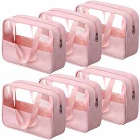 Reginary 6 Pcs Large Clear Makeup Bags, Toiletry Organizer with Zipper and Handle Strap, Portable Cosmetic Bag Waterproof Transparent for Travel Vacation, 11.8 x 8.3 x 3.9 Inch(Pink)