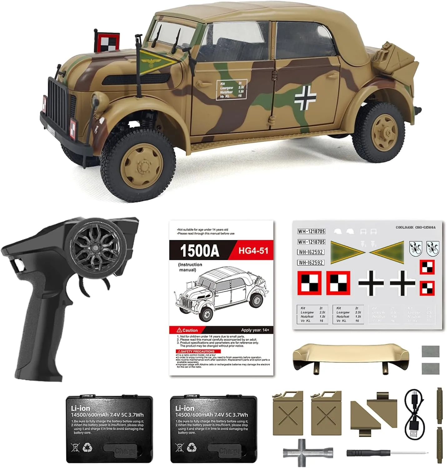 Remote Control Car, 1:18 Scale Military Command Vehicle Model, 2.4GHz 4WD Army RC Cars with Low Voltage Protection, LED Lights and 2 Rechargeable Batteries (Camouflage)