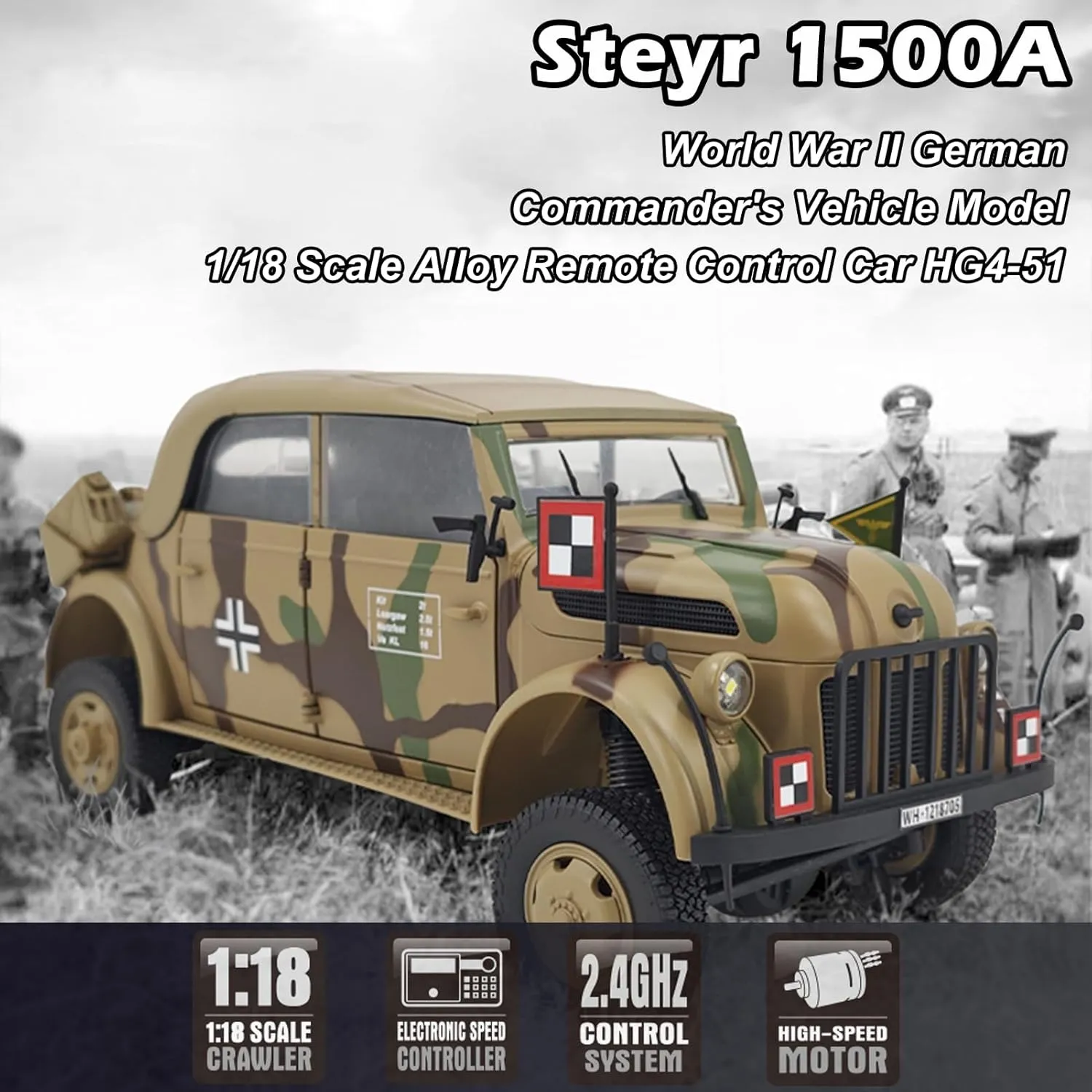 Remote Control Car, 1:18 Scale Military Command Vehicle Model, 2.4GHz 4WD Army RC Cars with Low Voltage Protection, LED Lights and 2 Rechargeable Batteries (Camouflage)