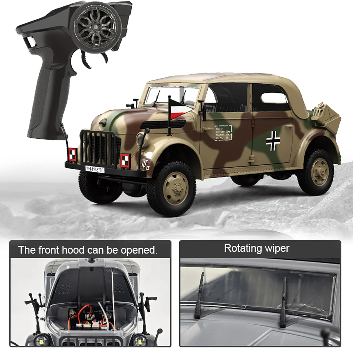 Remote Control Car, 1:18 Scale Military Command Vehicle Model, 2.4GHz 4WD Army RC Cars with Low Voltage Protection, LED Lights and 2 Rechargeable Batteries (Camouflage)