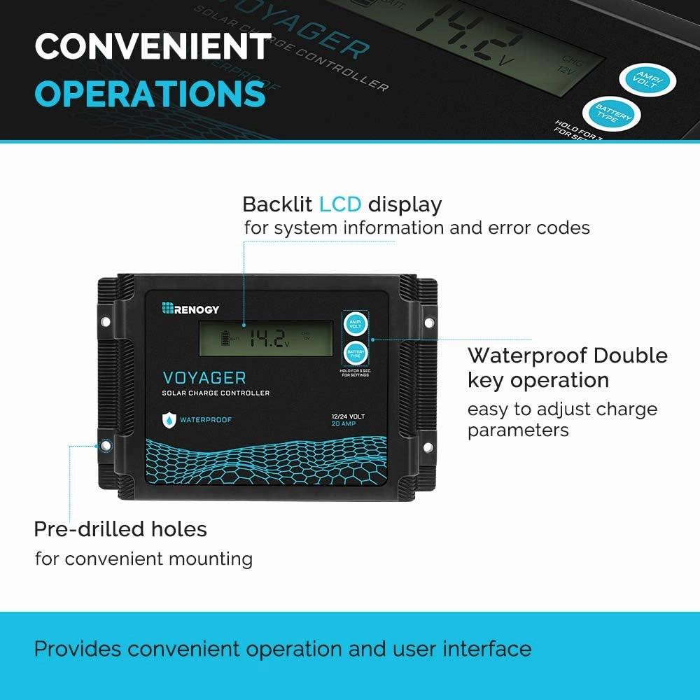 Renogy Voyager 20A 12V/24V PWM Waterproof Solar Charge Controller w/ LCD Display for AGM, Gel, Flooded and Lithium Battery, Used in RVs, Trailers, Boats, Yachts, Voyager 20A
