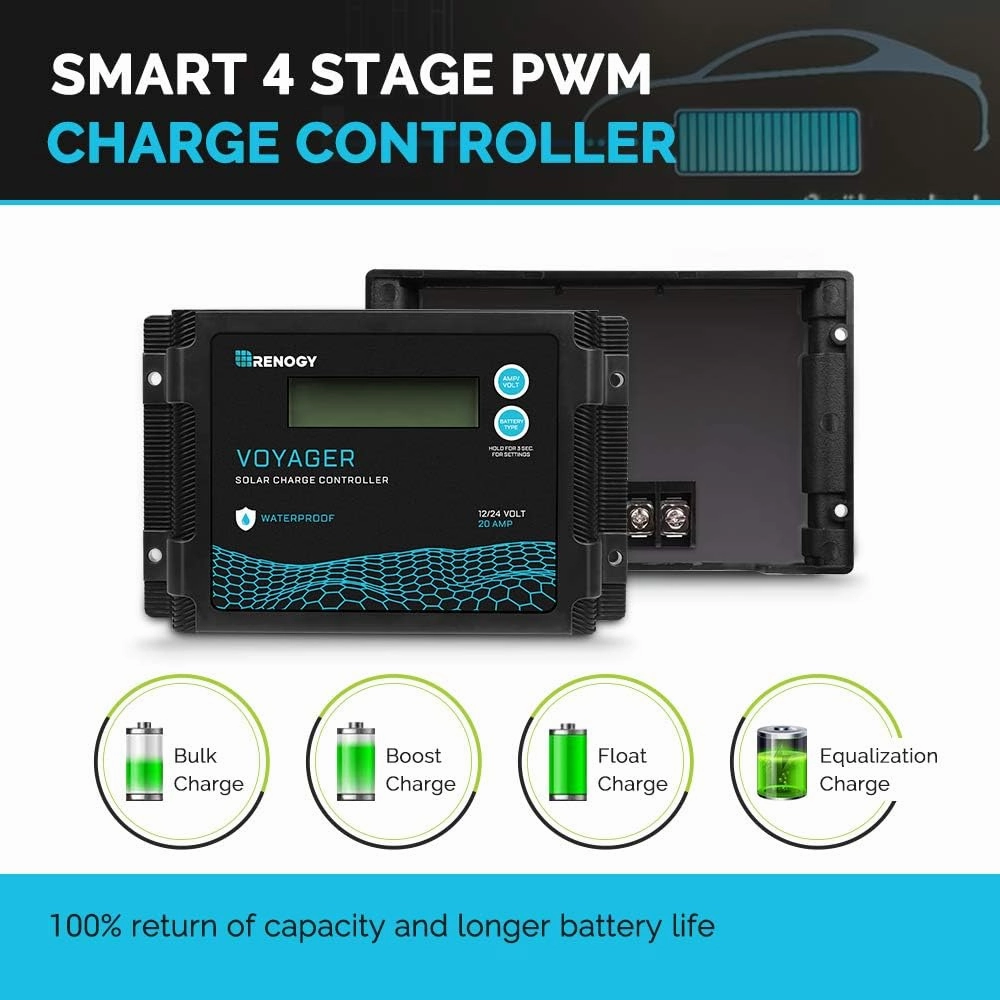 Renogy Voyager 20A 12V/24V PWM Waterproof Solar Charge Controller w/ LCD Display for AGM, Gel, Flooded and Lithium Battery, Used in RVs, Trailers, Boats, Yachts, Voyager 20A