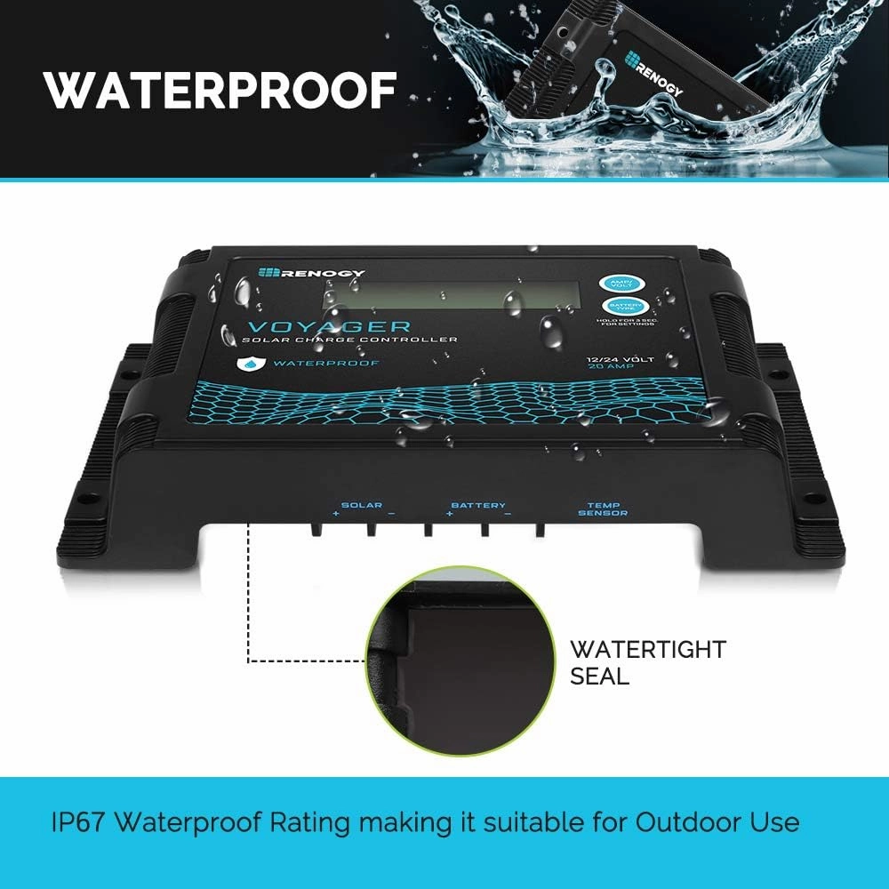 Renogy Voyager 20A 12V/24V PWM Waterproof Solar Charge Controller w/ LCD Display for AGM, Gel, Flooded and Lithium Battery, Used in RVs, Trailers, Boats, Yachts, Voyager 20A