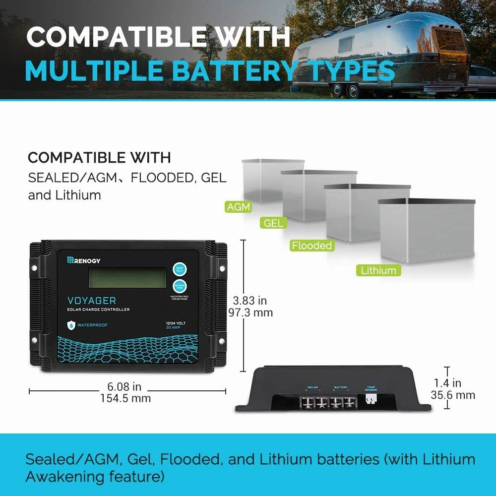 Renogy Voyager 20A 12V/24V PWM Waterproof Solar Charge Controller w/ LCD Display for AGM, Gel, Flooded and Lithium Battery, Used in RVs, Trailers, Boats, Yachts, Voyager 20A