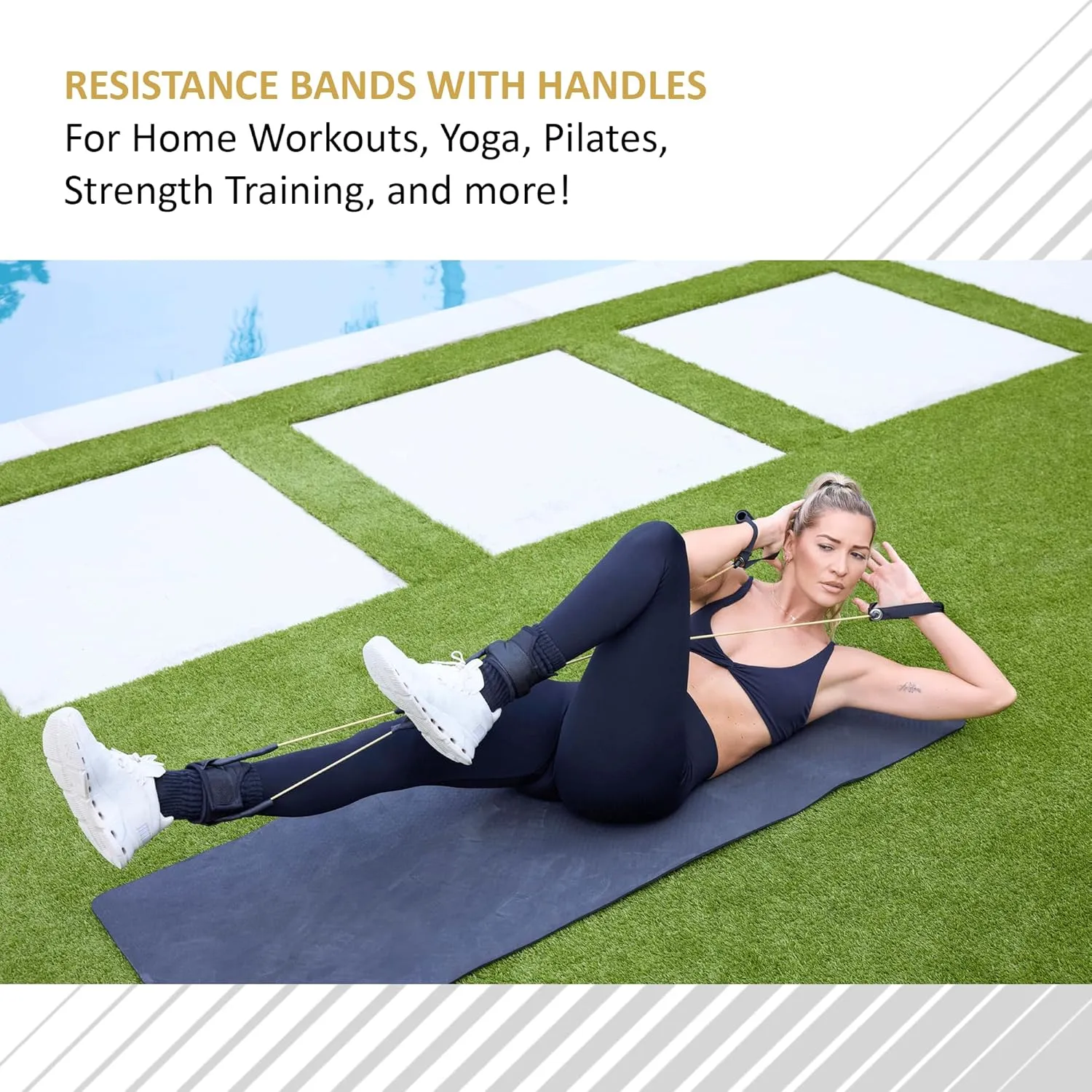 Resistance Bands with Handles for Home Workouts, Yoga, Pilates & Strength Training, All-in-One Exercise Equipment and Portable Workout Set for Women & Men, Light - 10 lbs. (Gold)