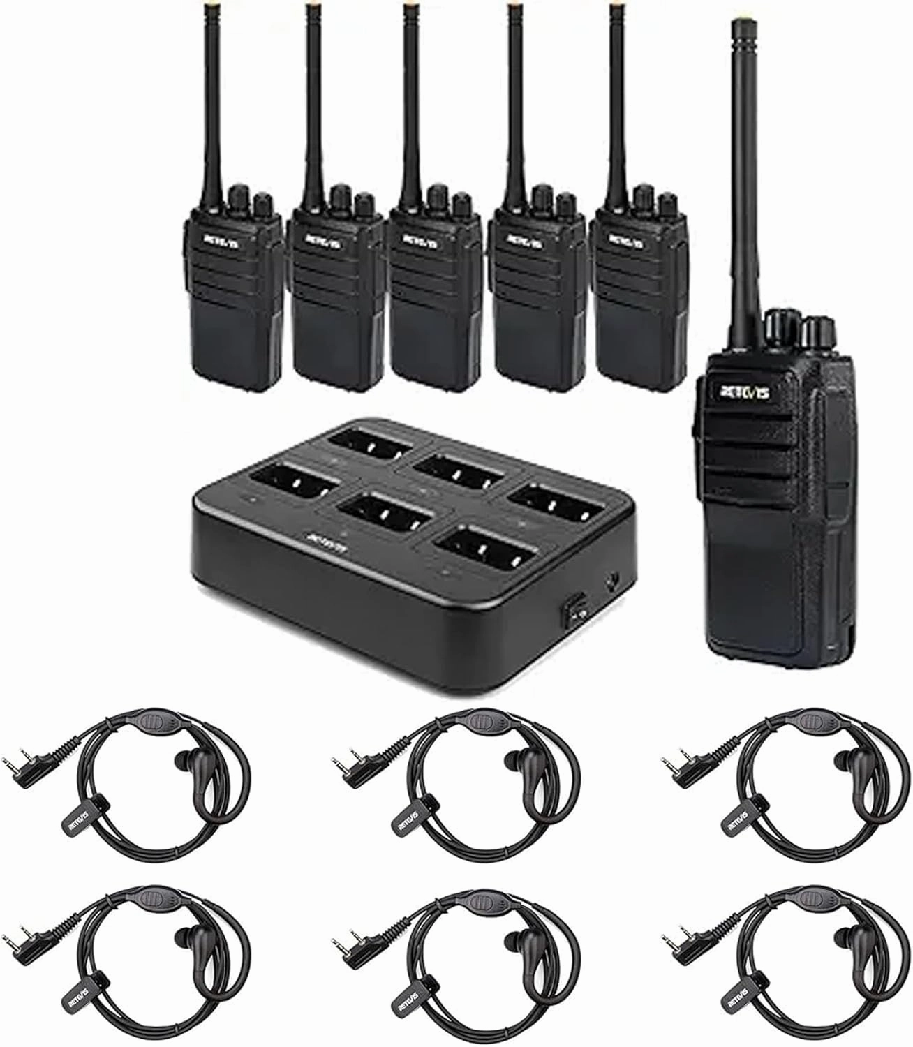Retevis RT21 Updated Walkie Talkies(6 Pack) with Walkie Talkie Earpiece(6 Pack), Two Way Radios Long Range Rechargeable, 3000mAh Battery, with Six-Way Charger, for Security Warehouse