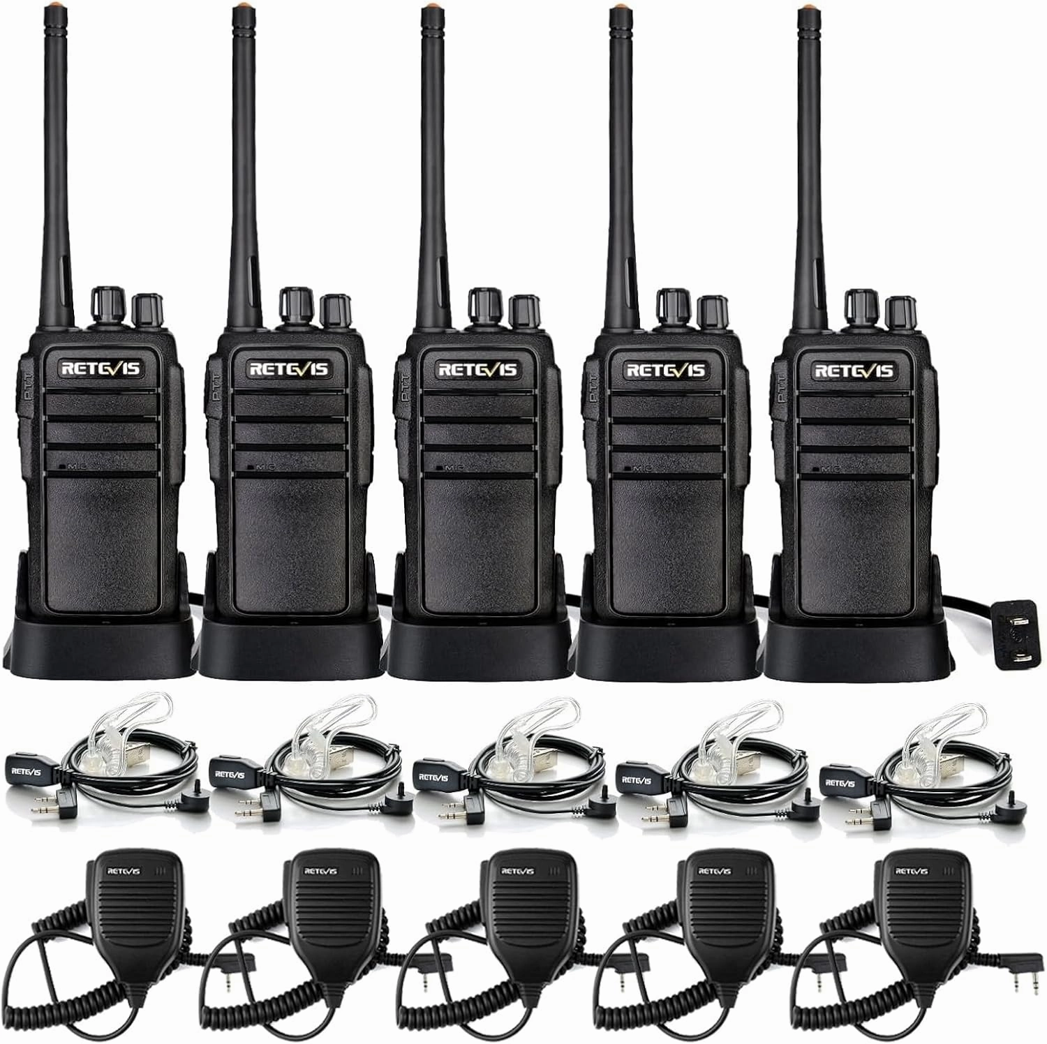 Retevis RT21 Walkie Talkies(5 Pack) Bundle with Speaker Mic(5 Pack), Handfree Rugged Two Way Radio with Earpiece for Commercial Construction Warehouse Security 2 Way Radios Black