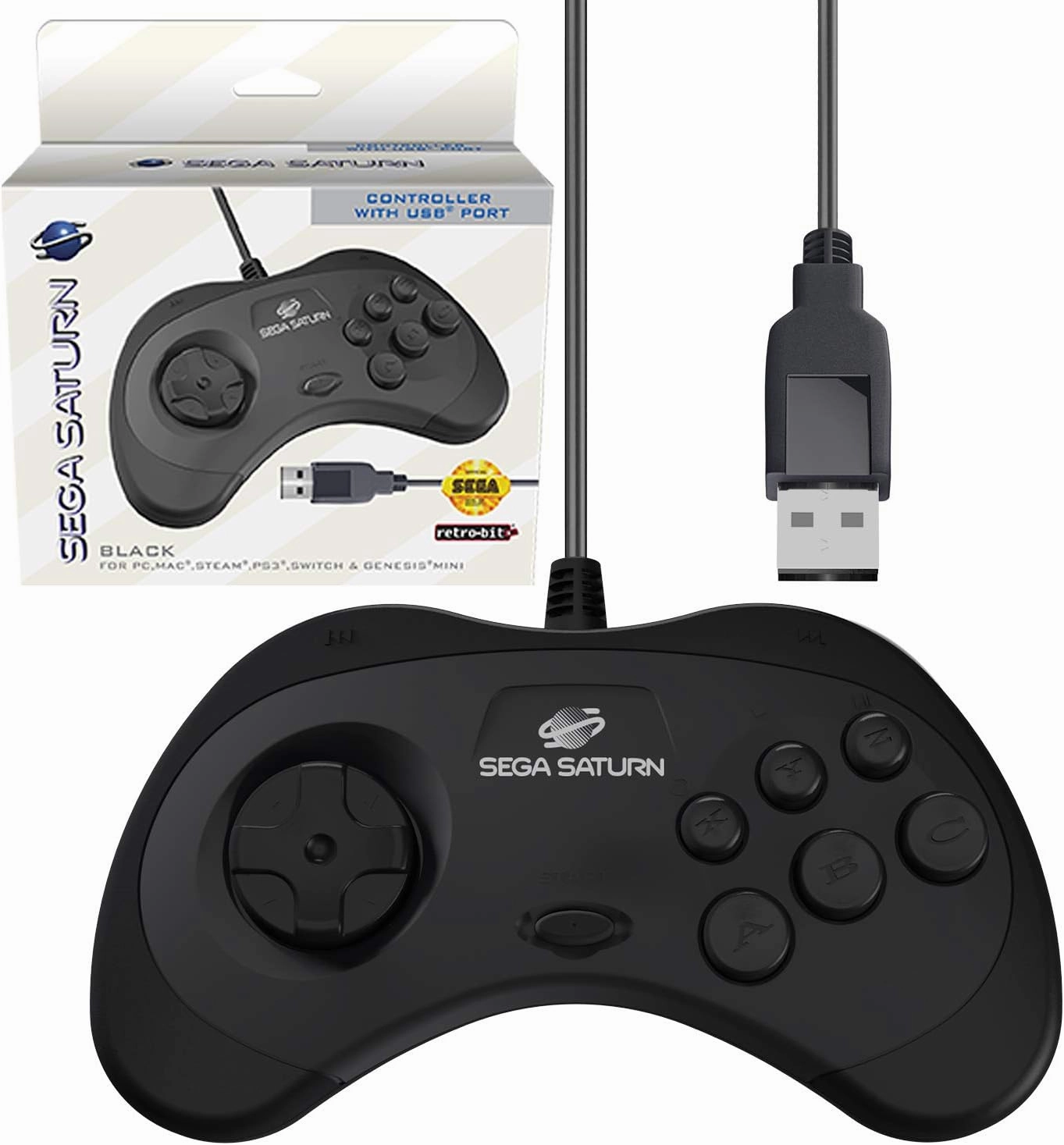 Retro-Bit Official Sega Saturn USB Controller Pad (Model 2) for Sega Genesis Mini, PS3, PC, Mac, Steam, Switch - USB Port (Black)