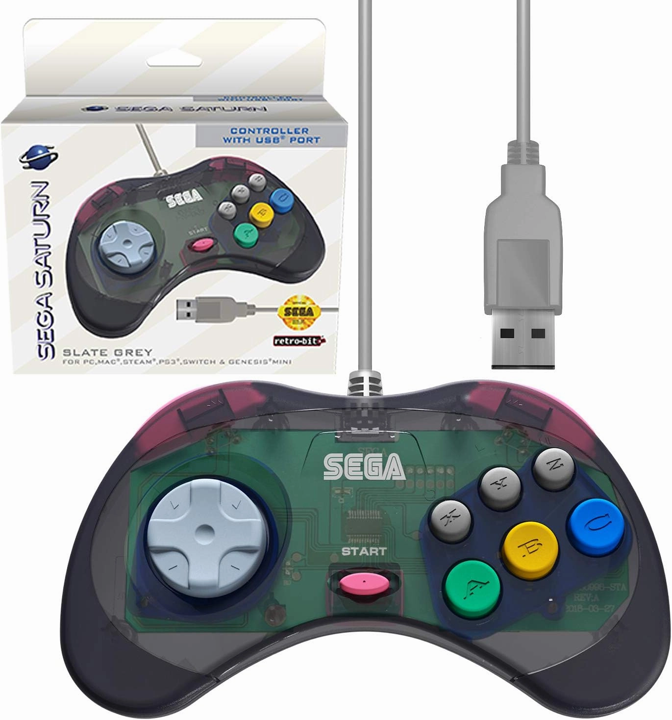 Retro-Bit Official Sega Saturn USB Controller Pad (Model 2) for Sega Genesis Mini, PS3, PC, Mac, Steam, Switch - USB Port (Slate Gray)