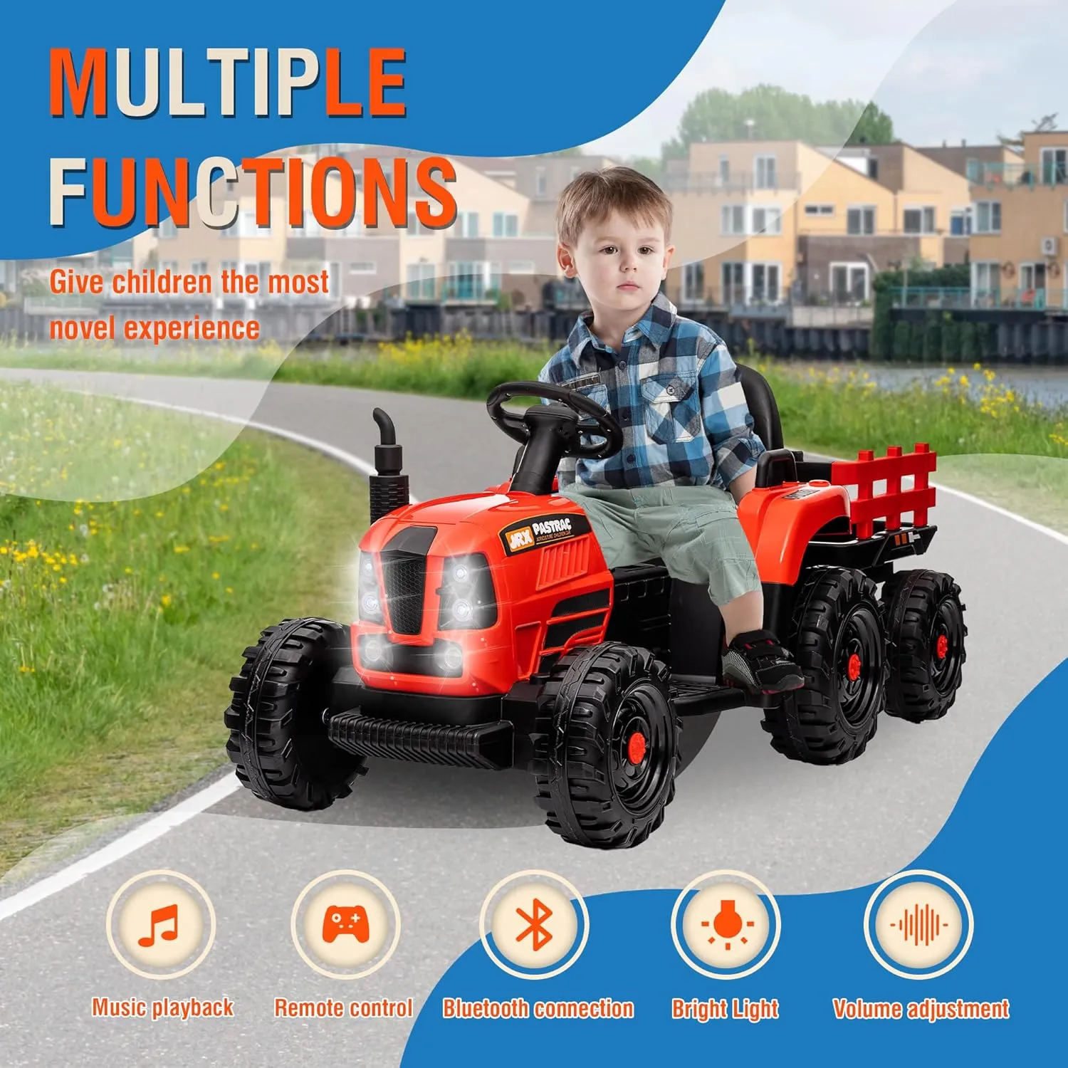 Ride on Tractor with Trailer, 24V 400W Powered Electric Tractor Toy w/Remote Control, Electric Car for Kids, Music Bluetooth and USB Support, 3 Speed Adjustable, LED Light, Two-Point Safety Belt