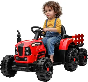 Ride on Tractor with Trailer, 24V 400W Powered Electric Tractor Toy w/Remote Control, Electric Car for Kids, Music Bluetooth and USB Support, 3 Speed Adjustable, LED Light, Two-Point Safety Belt