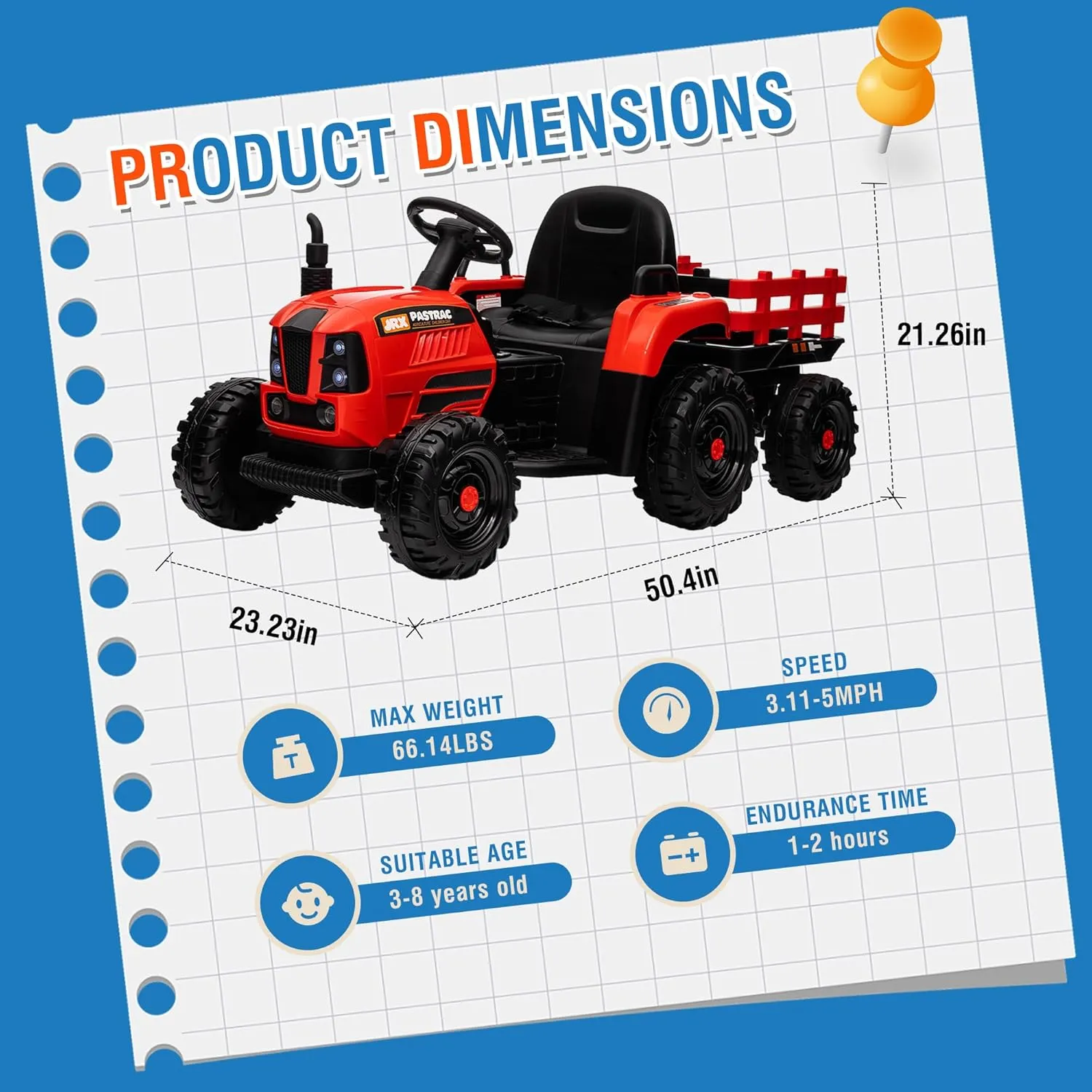 Ride on Tractor with Trailer, 24V 400W Powered Electric Tractor Toy w/Remote Control, Electric Car for Kids, Music Bluetooth and USB Support, 3 Speed Adjustable, LED Light, Two-Point Safety Belt