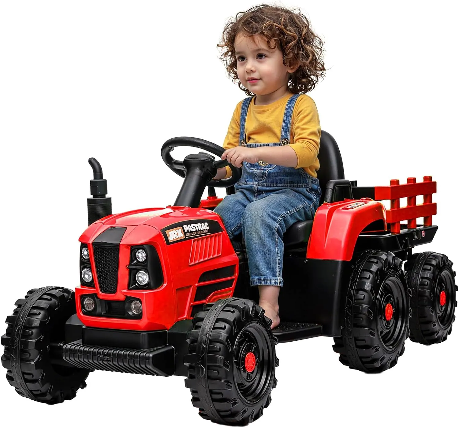 Ride on Tractor with Trailer, 24V 400W Powered Electric Tractor Toy w/Remote Control, Electric Car for Kids, Music Bluetooth and USB Support, 3 Speed Adjustable, LED Light, Two-Point Safety Belt
