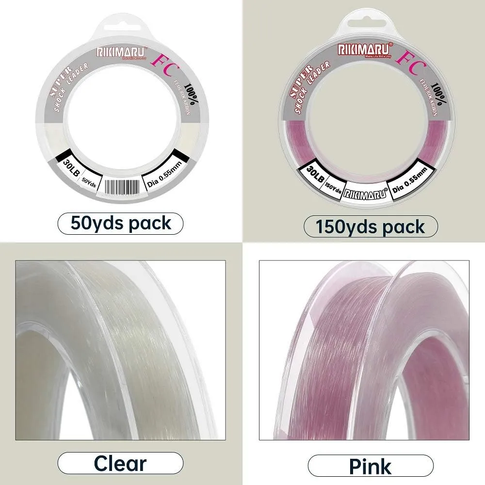 Rikimaru FC 100% Fluorocarbon Pure Shock Resistant, Sinks Faster Than Mono, Leader Material, 2LB-150LB