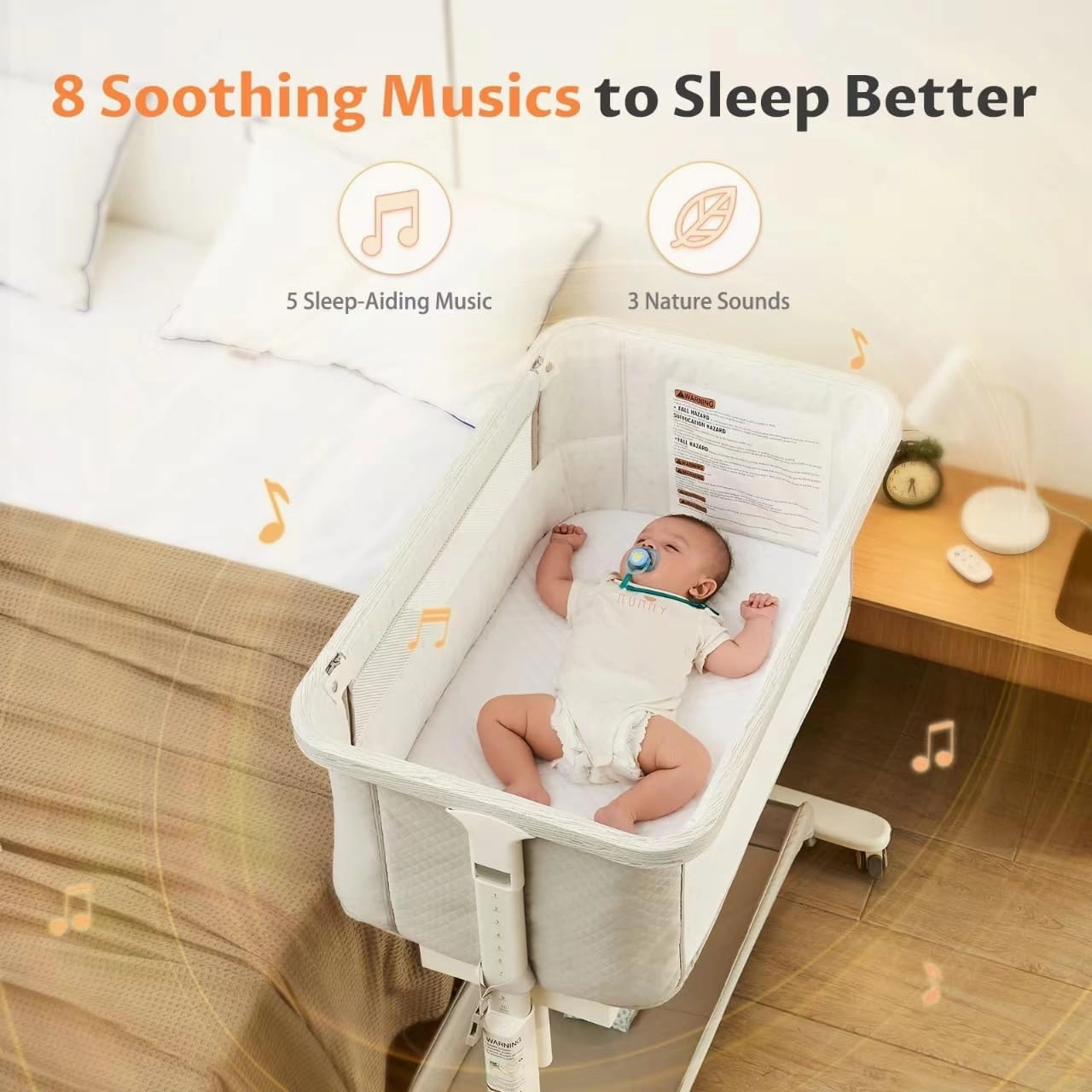 Rocking Bassinet for Baby Electric 3 Motion Automatic Bedside Sleeper Auto Rolling Newborn Cradle Rocks Itself 5 Height Adjustable with Music, Wheels, Storage, Grey & White