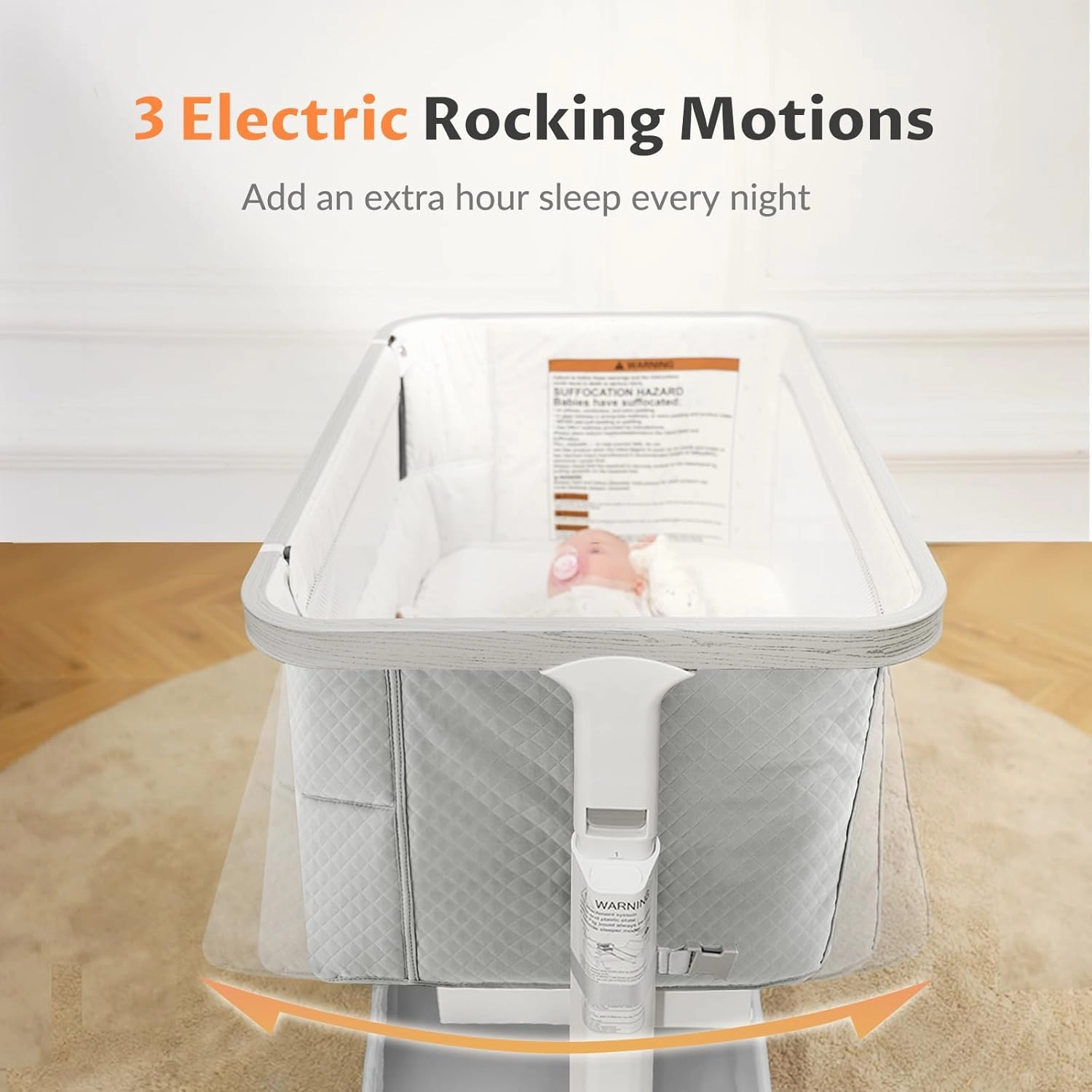 Rocking Bassinet for Baby Electric 3 Motion Automatic Bedside Sleeper Auto Rolling Newborn Cradle Rocks Itself 5 Height Adjustable with Music, Wheels, Storage, Grey & White