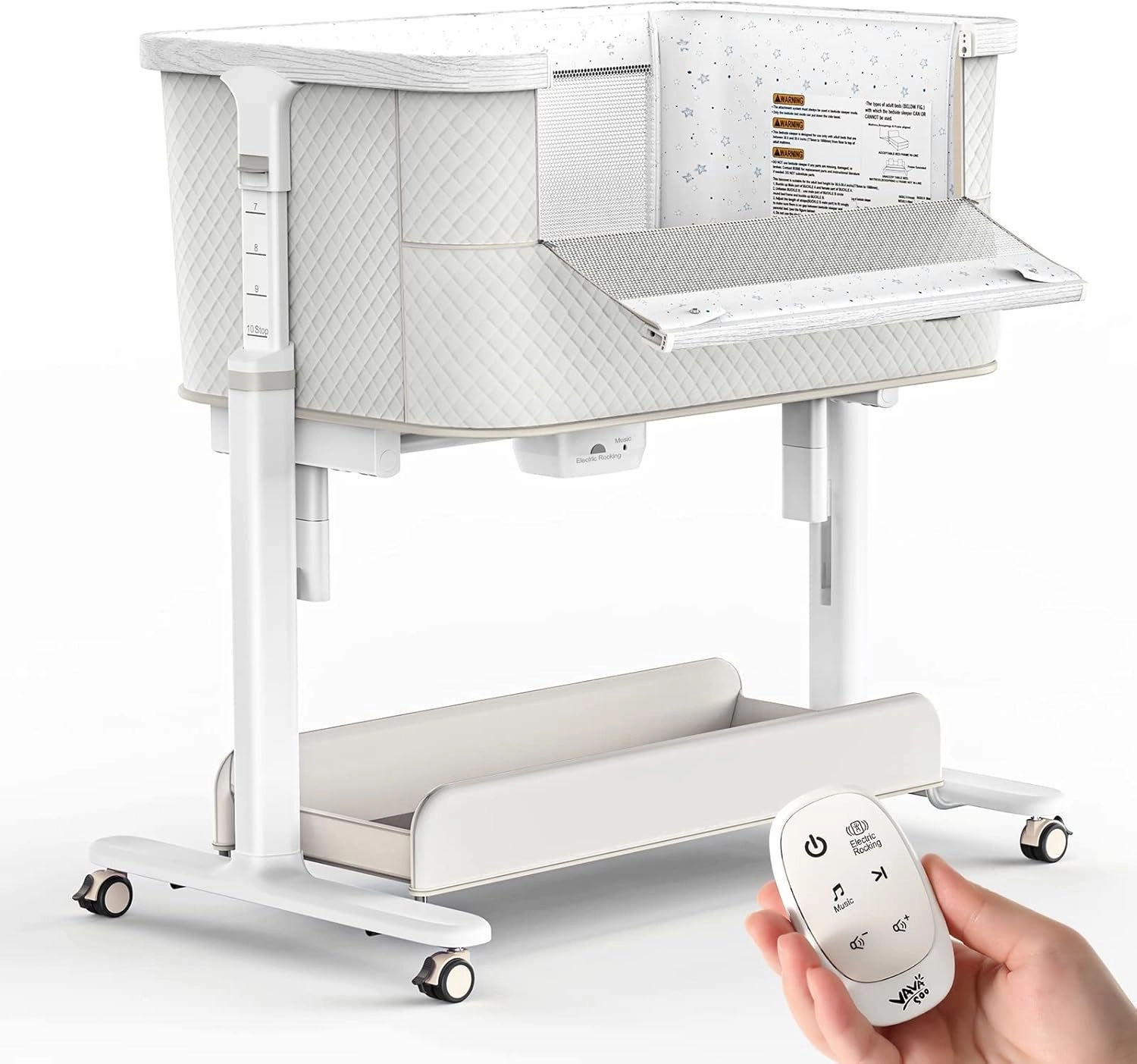 Rocking Bassinet for Baby Electric 3 Motion Automatic Bedside Sleeper Auto Rolling Newborn Cradle Rocks Itself 5 Height Adjustable with Music, Wheels, Storage, Grey & White