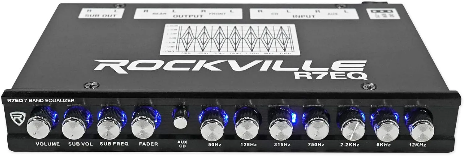 Rockville R7EQ 7 Band 1/2 Din Car Audio Equalizer, Front/Rear/Sub Outputs, Adjustable Frequencies, LED Indicators, Perfect for Car Audio Enthusiasts