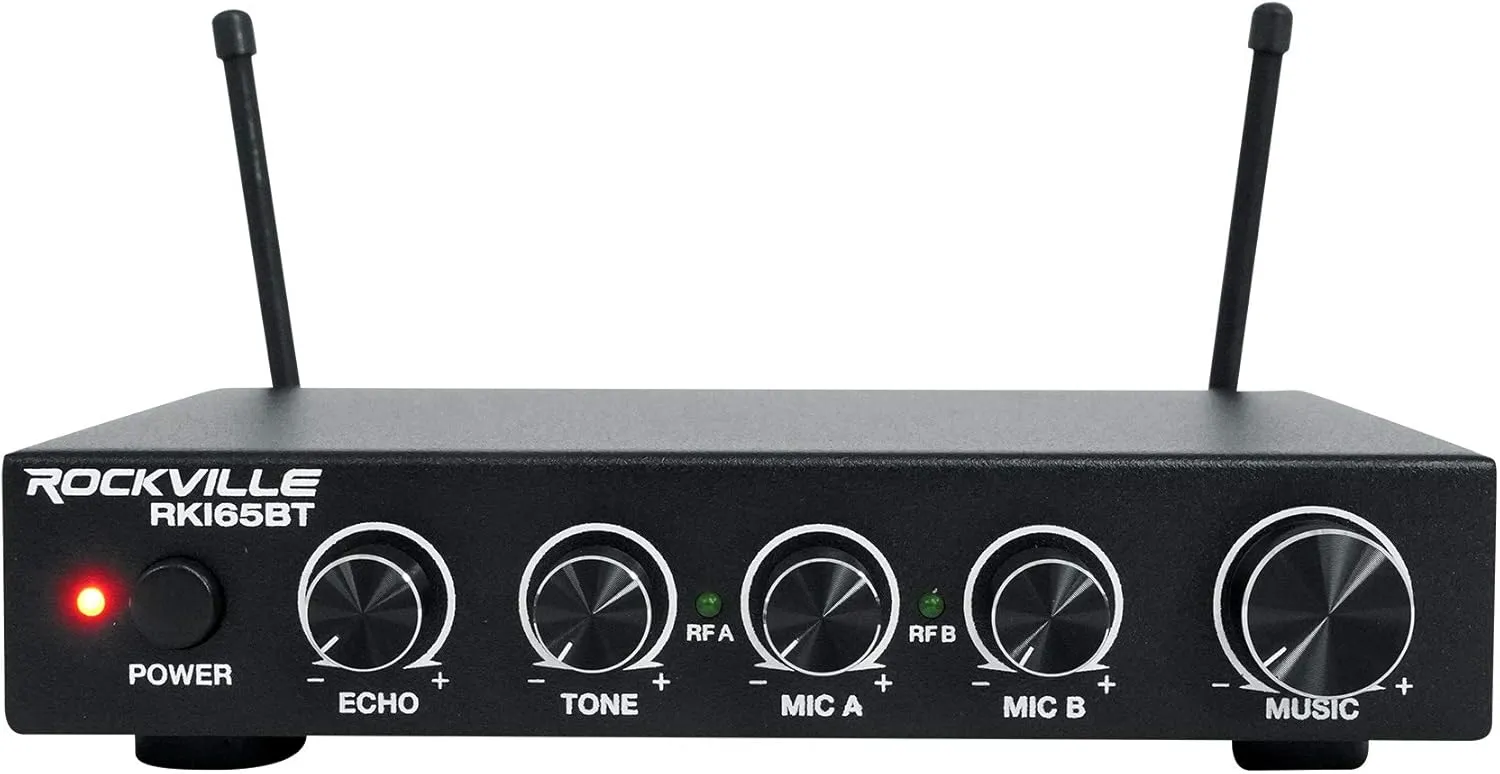 Rockville RKI65BT Dual UHF Wireless Microphones Karaoke Interface, Bluetooth Connectivity, Adjustable Echo, 8 Switchable Frequencies, Perfect for Home Karaoke and Parties