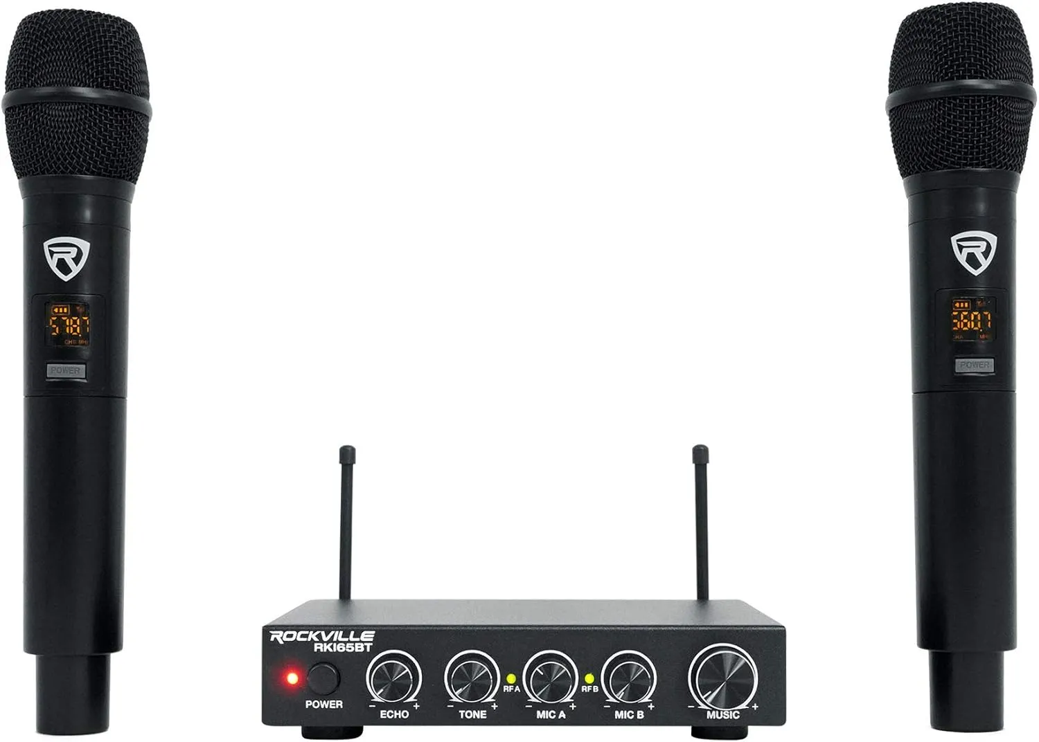 Rockville RKI65BT Dual UHF Wireless Microphones Karaoke Interface, Bluetooth Connectivity, Adjustable Echo, 8 Switchable Frequencies, Perfect for Home Karaoke and Parties
