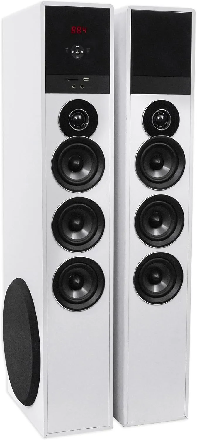 Rockville TM150W Powered Home Theater Tower Speaker System, White, 1000W, 10" Subwoofers, Bluetooth, USB/SD Playback, FM Radio, Remote Control, Karaoke Ready, Perfect for Home Entertainment
