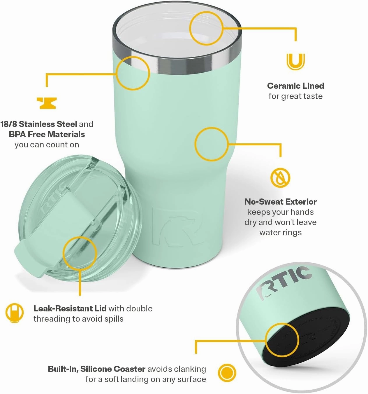 RTIC 20oz Essential Tumbler with Lid, Insulated, Stainless Steel, Metal, Double Wall Vacuum-Insulation, Ceramic Lined, Travel Cup for Iced Coffee, Tea, Hot and Cold Drink, Fresh Mint