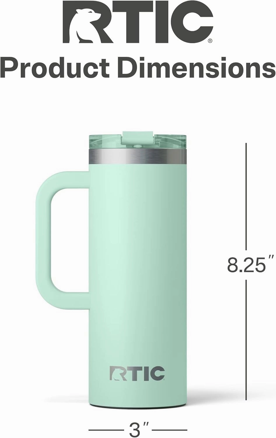 RTIC 20oz Road Trip Travel Mug with Lid and Handle, Insulated, Stainless Steel, Metal, Double Wall Vacuum-Insulation, Ceramic Lined, Portable Coffee, Tea Cup for Hot and Cold Drink, Fresh Mint